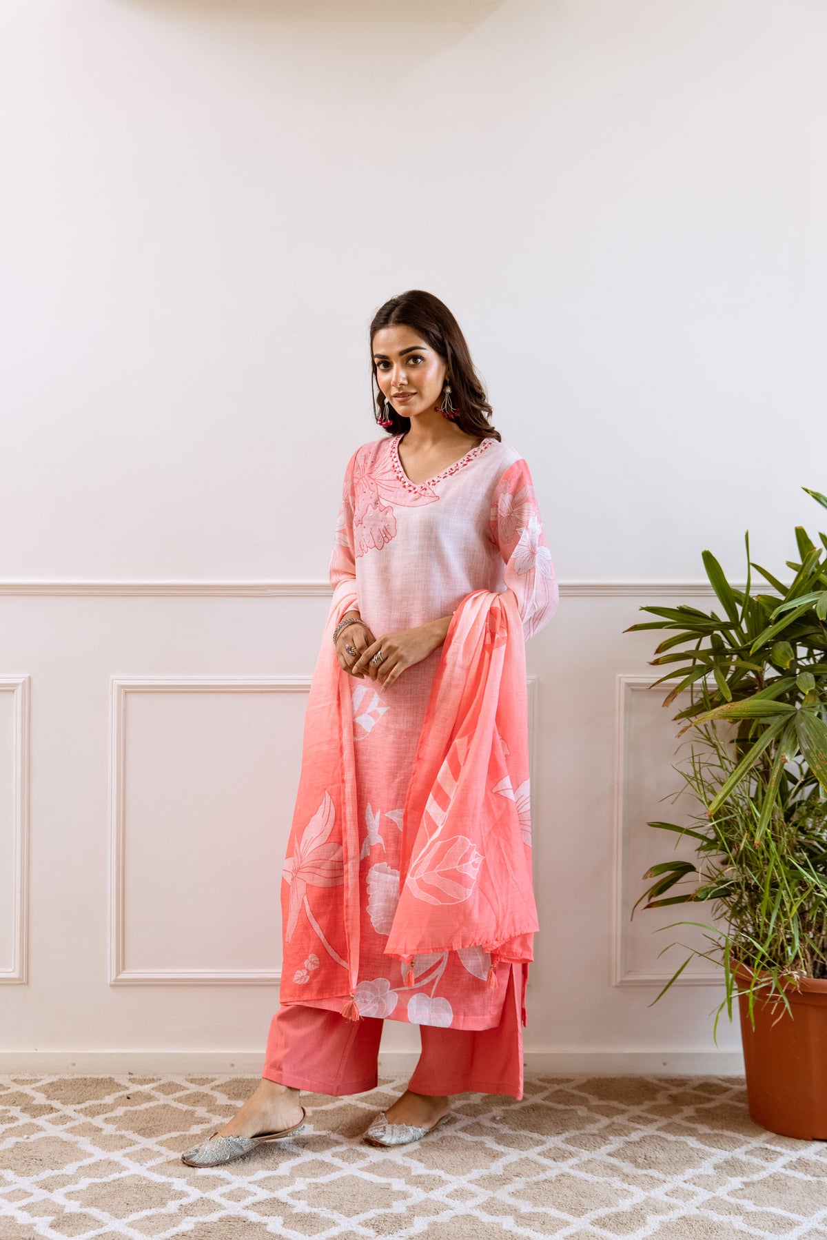 FLORAL PRINTED LINEN STRAIGHT KURTA SET WITH DUPATTA | THREE-PIECE ETHNIC WEAR FOR WOMEN | PLUS SIZE AVAILABLE-Light Pink