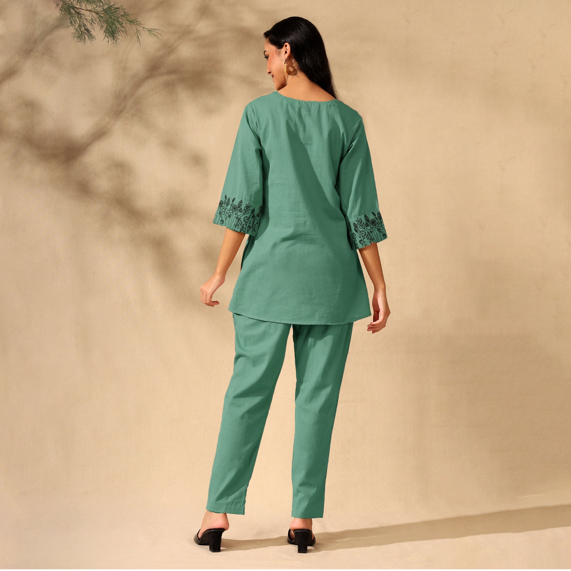 BOTANICAL EMBROIDERED COTTON CORD SET FOR WOMEN | KURTI AND PANTS COORDINATED SET | GREEN