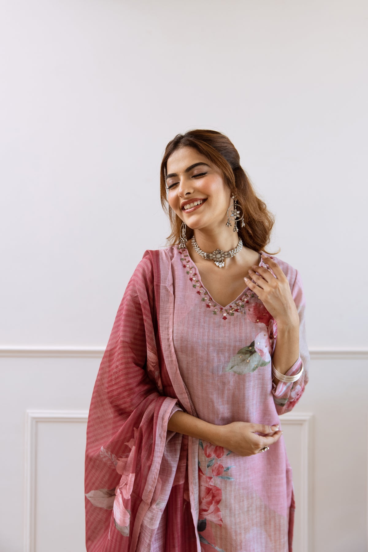 FLORAL PRINTED LINEN STRAIGHT KURTA SET WITH DUPATTA | THREE-PIECE ETHNIC WEAR FOR WOMEN | PLUS SIZE AVAILABLE-Rose Pink