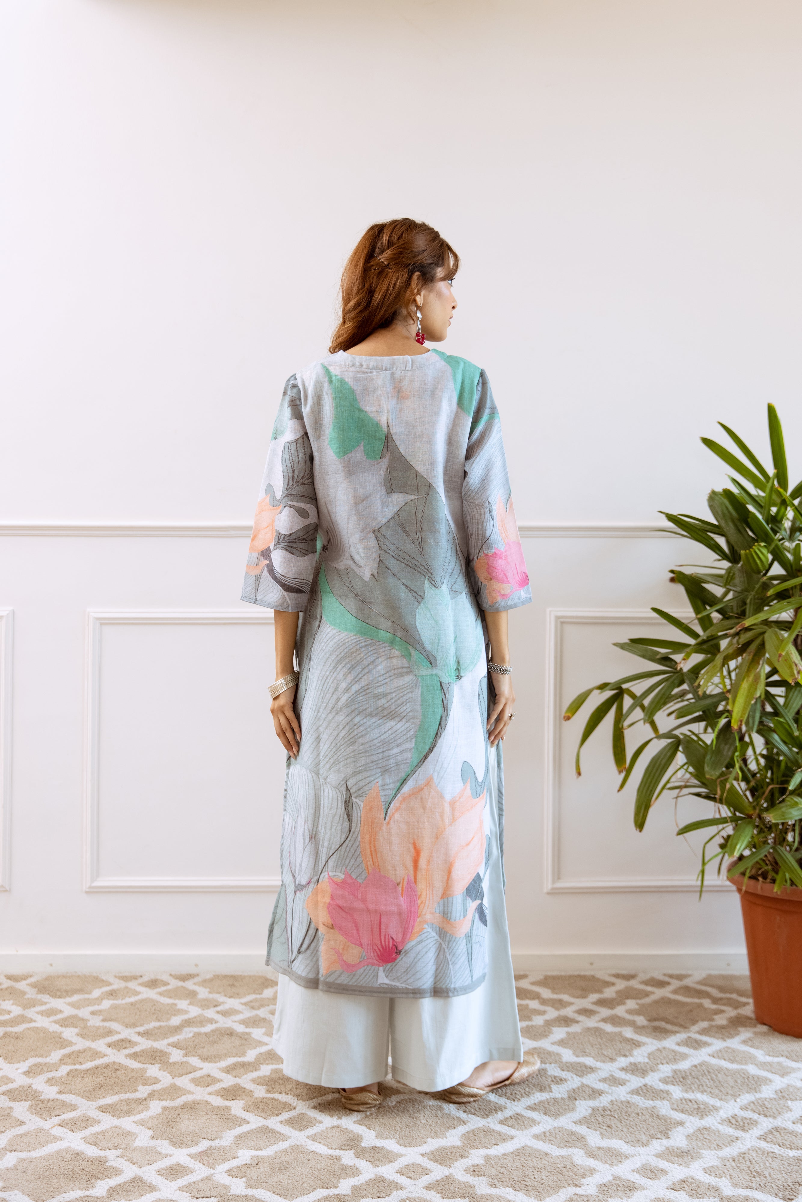 FLORAL PRINTED LINEN STRAIGHT KURTA SET WITH DUPATTA | THREE-PIECE ETHNIC WEAR FOR WOMEN | PLUS SIZE AVAILABLE-Grey Green
