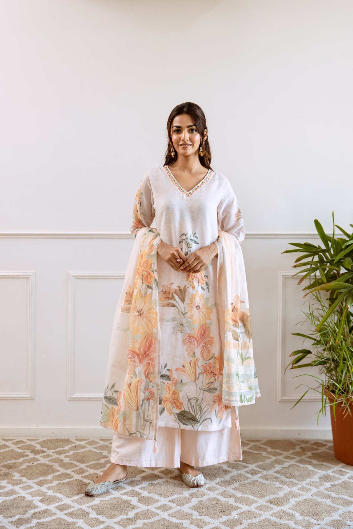 FLORAL PRINTED LINEN STRAIGHT KURTA SET WITH DUPATTA | THREE-PIECE ETHNIC WEAR FOR WOMEN | PLUS SIZE AVAILABLE-Cream