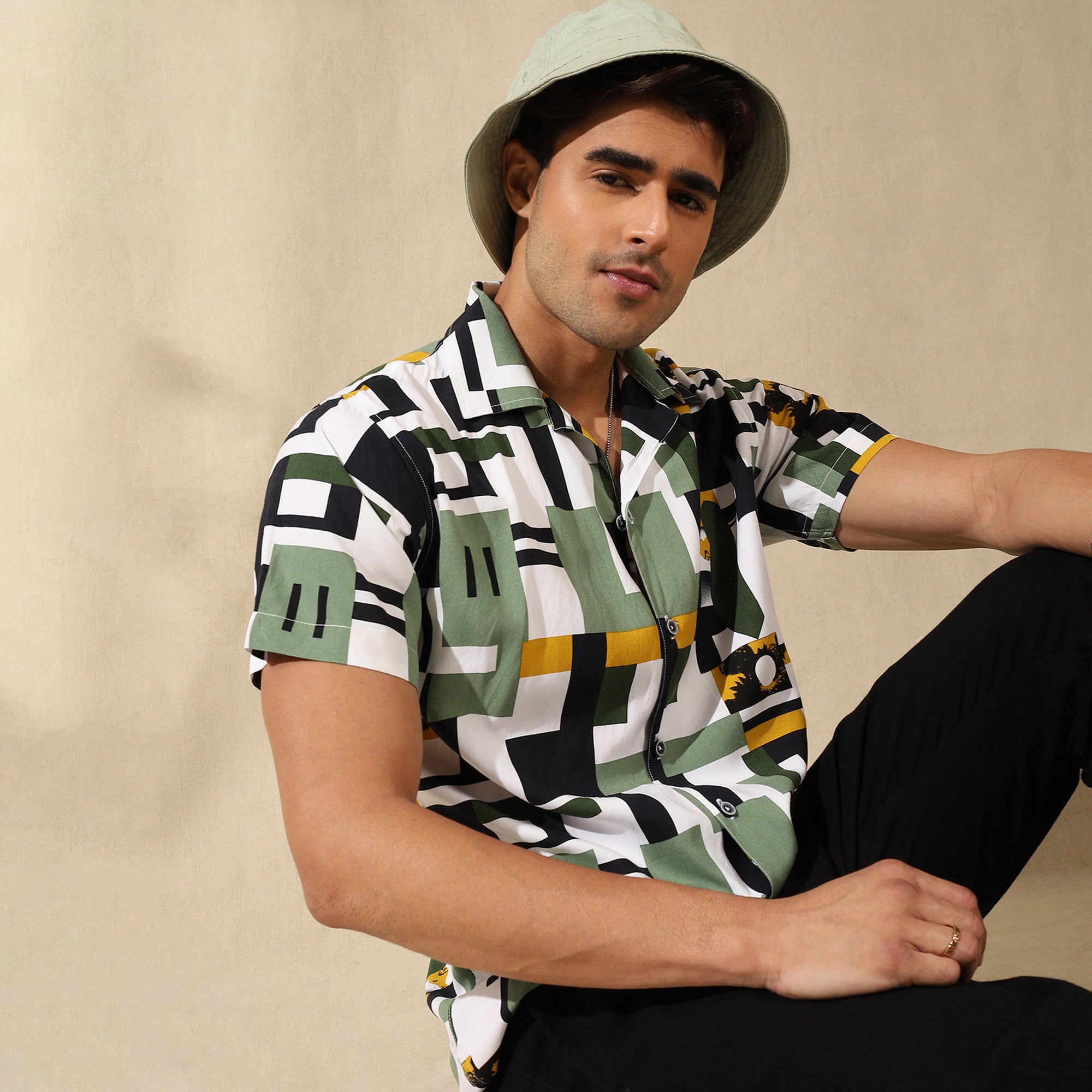 GREEN HALF CASUAL PRINTED COTTON SHIRT REGULAR FIT FOR MEN