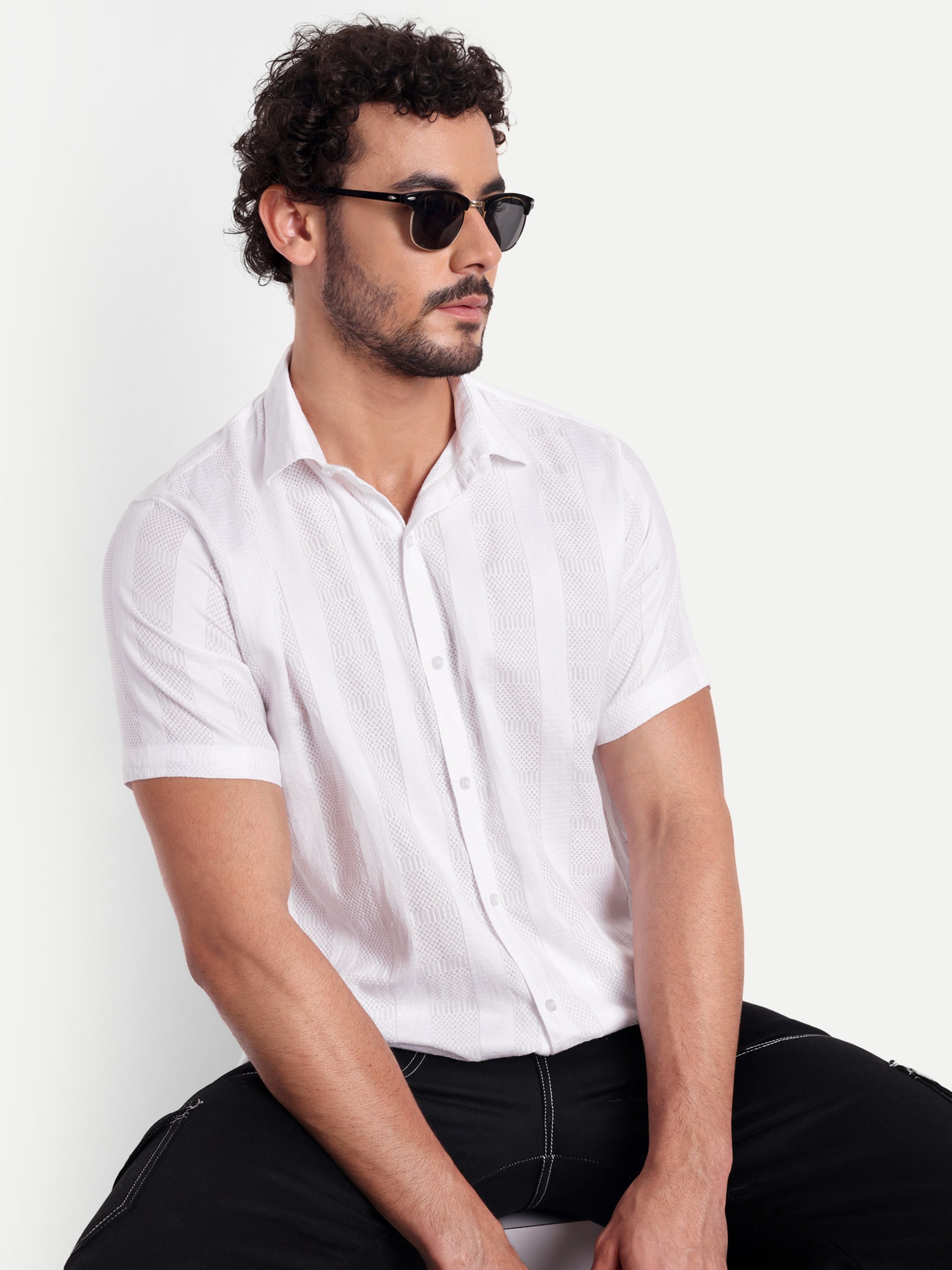 White Textured Lining Half Shirt