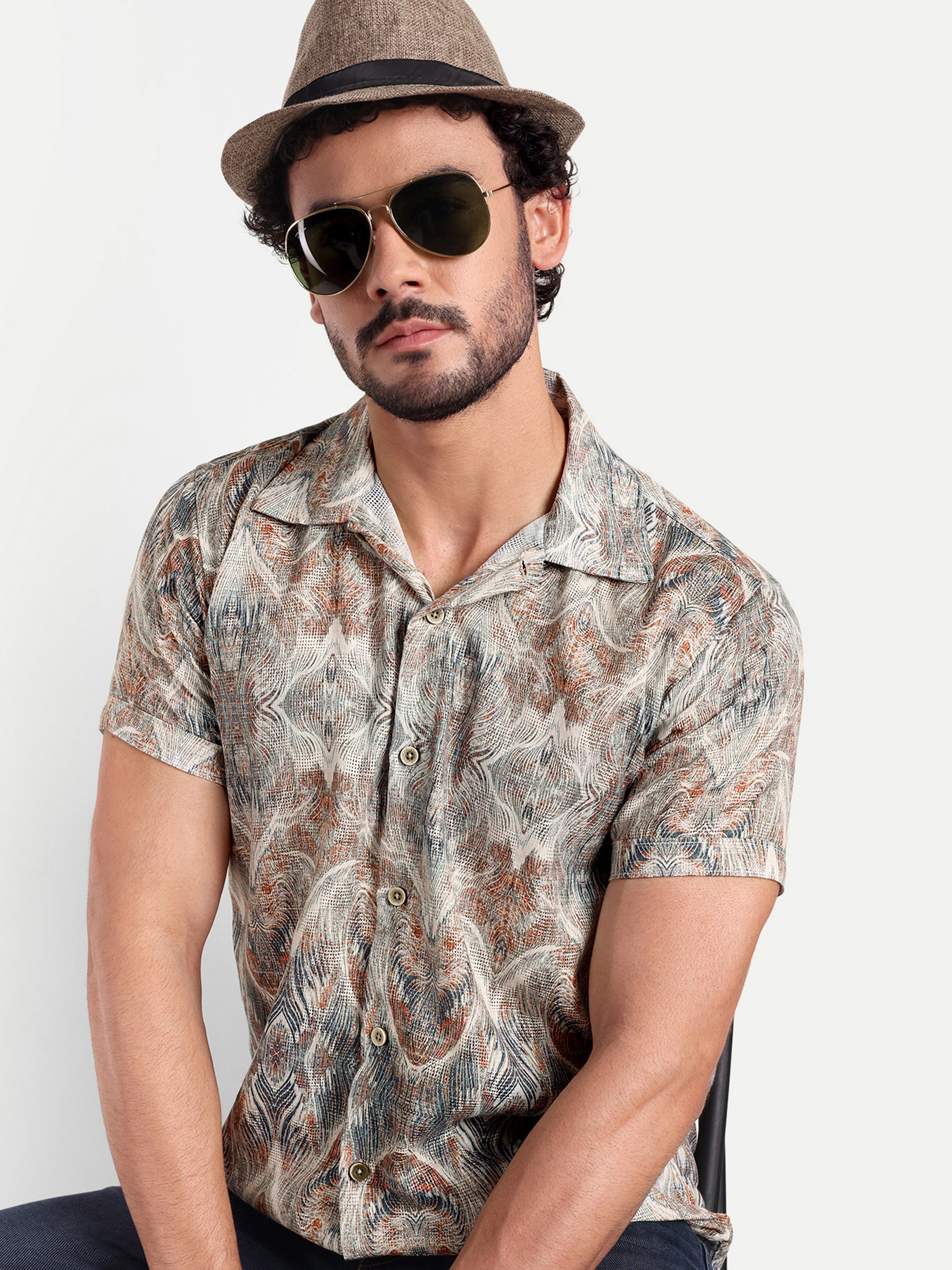 Green Printed Textured Half Shirt