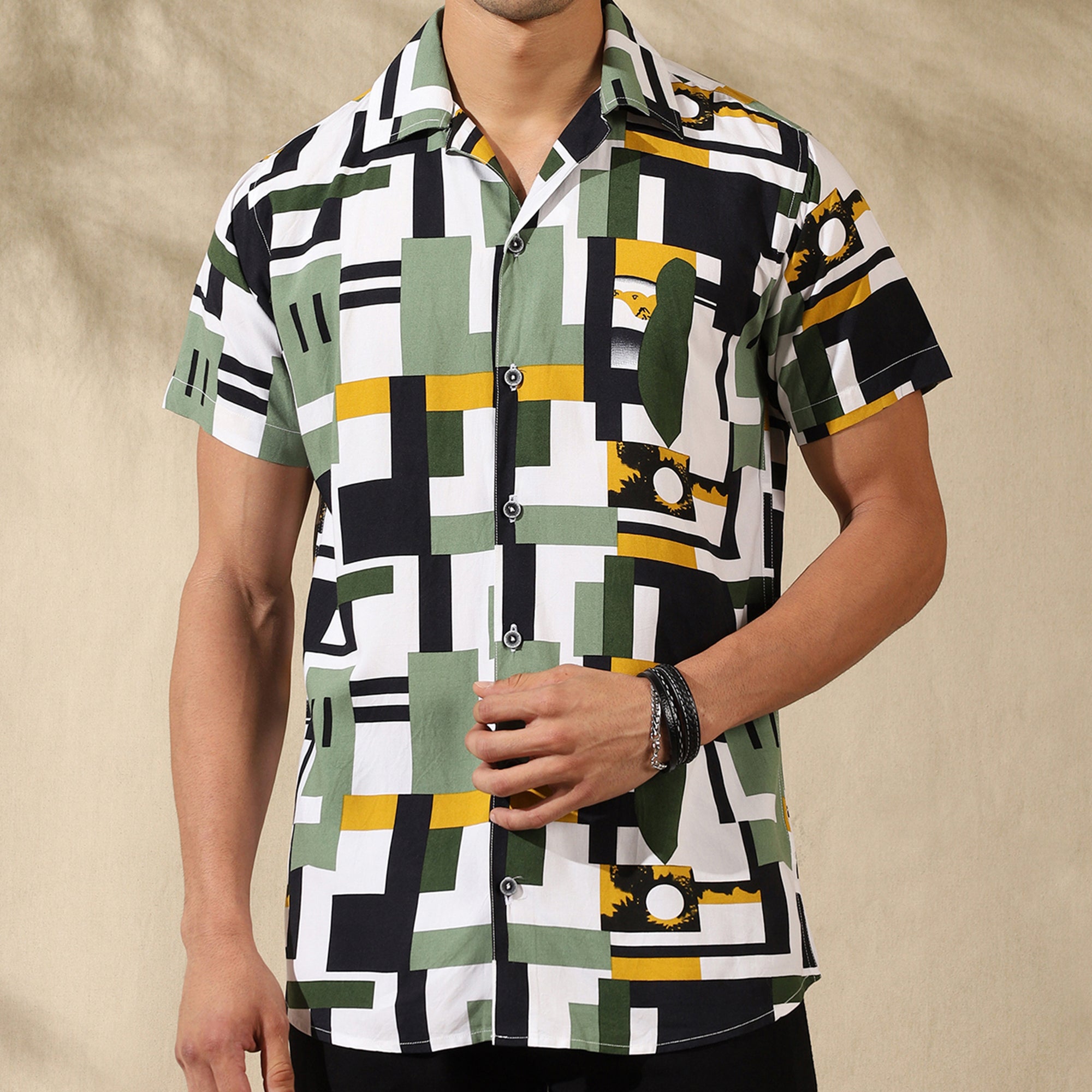 GREEN HALF CASUAL PRINTED COTTON SHIRT REGULAR FIT FOR MEN