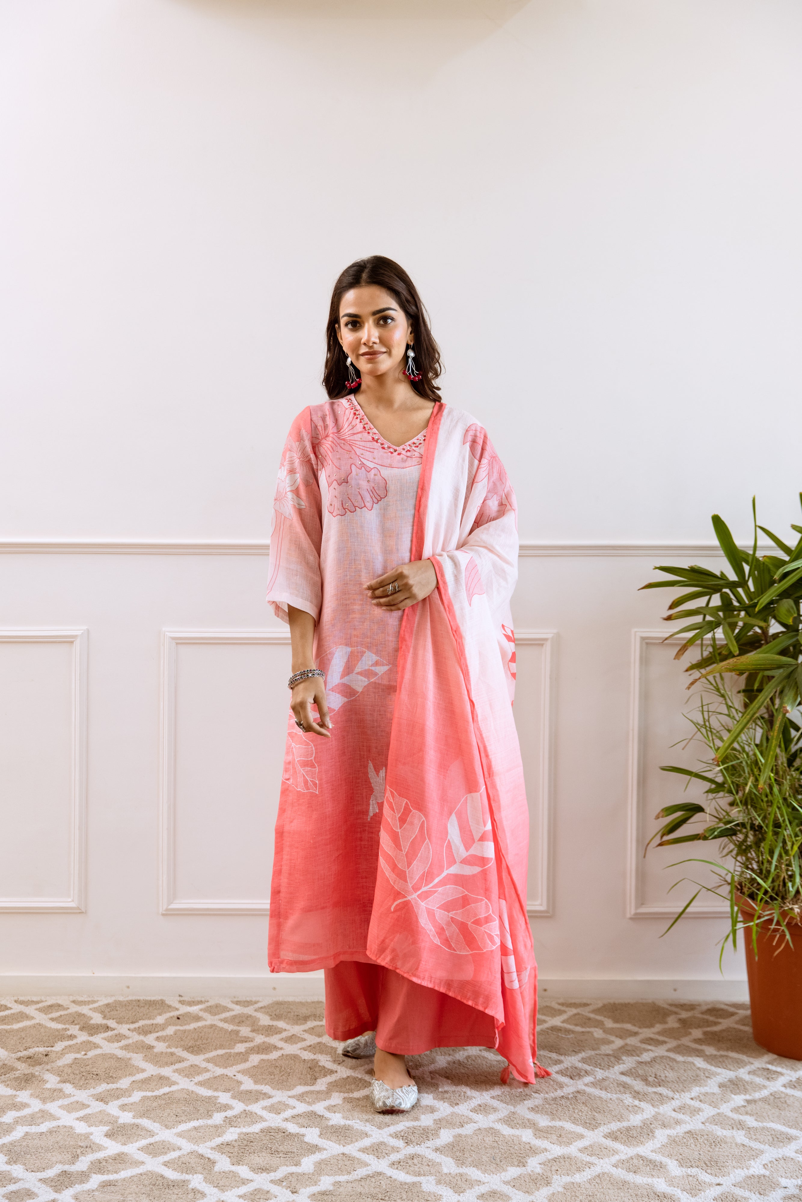 FLORAL PRINTED LINEN STRAIGHT KURTA SET WITH DUPATTA | THREE-PIECE ETHNIC WEAR FOR WOMEN | PLUS SIZE AVAILABLE-Light Pink