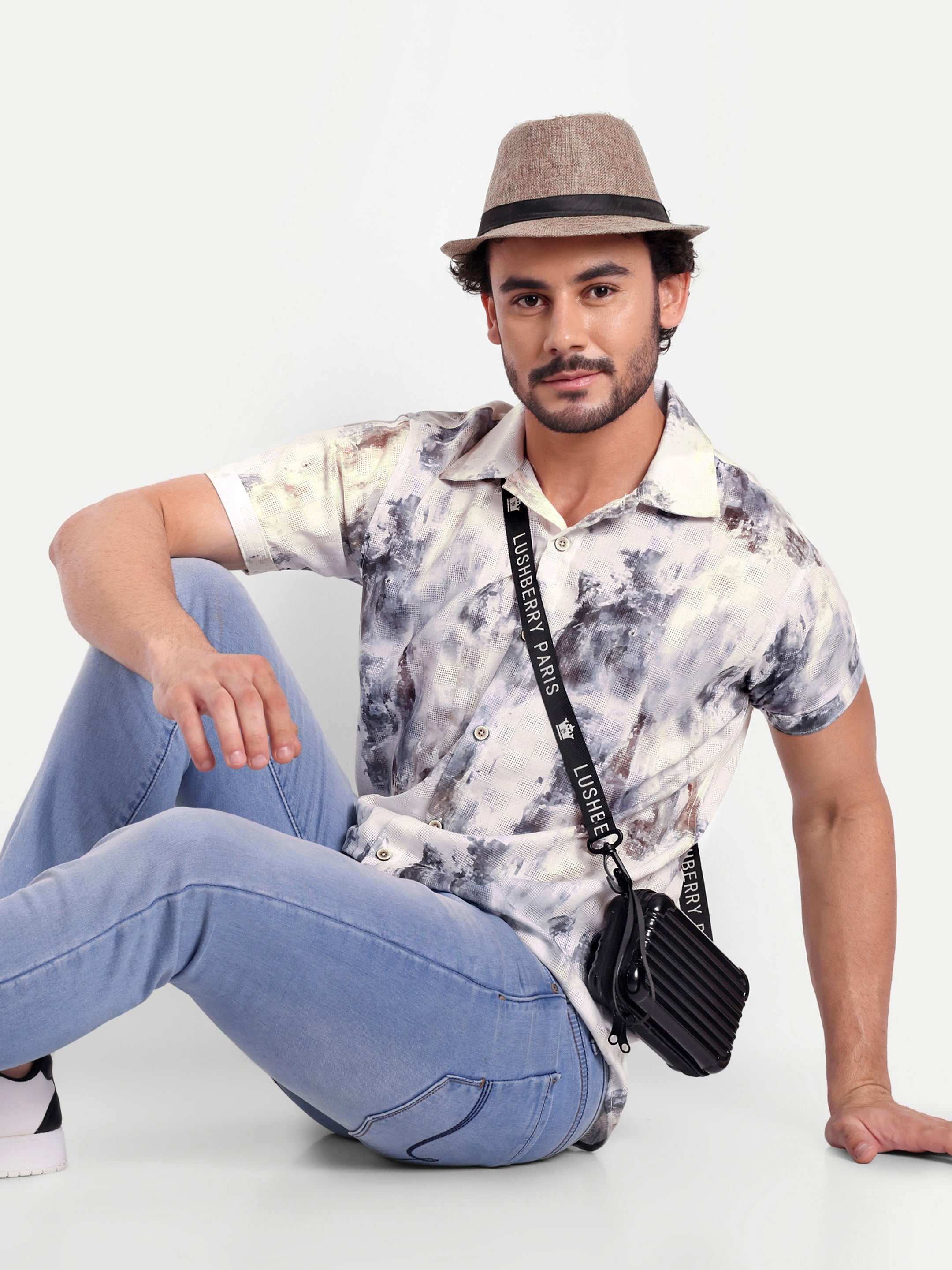 White Printed Textured Half Shirt