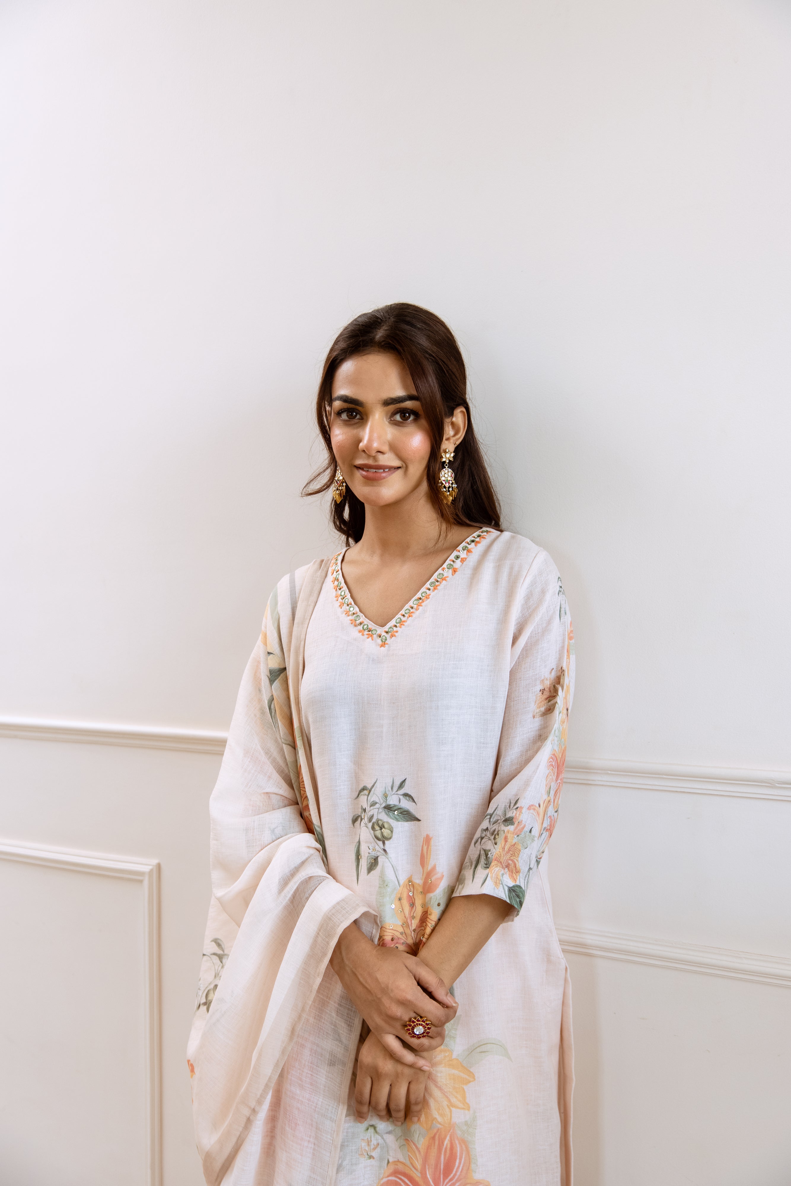 FLORAL PRINTED LINEN STRAIGHT KURTA SET WITH DUPATTA | THREE-PIECE ETHNIC WEAR FOR WOMEN | PLUS SIZE AVAILABLE-Cream