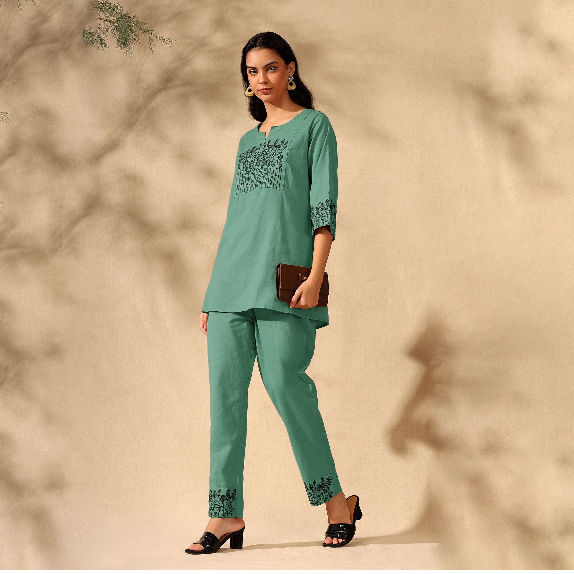 BOTANICAL EMBROIDERED COTTON CORD SET FOR WOMEN | KURTI AND PANTS COORDINATED SET | GREEN