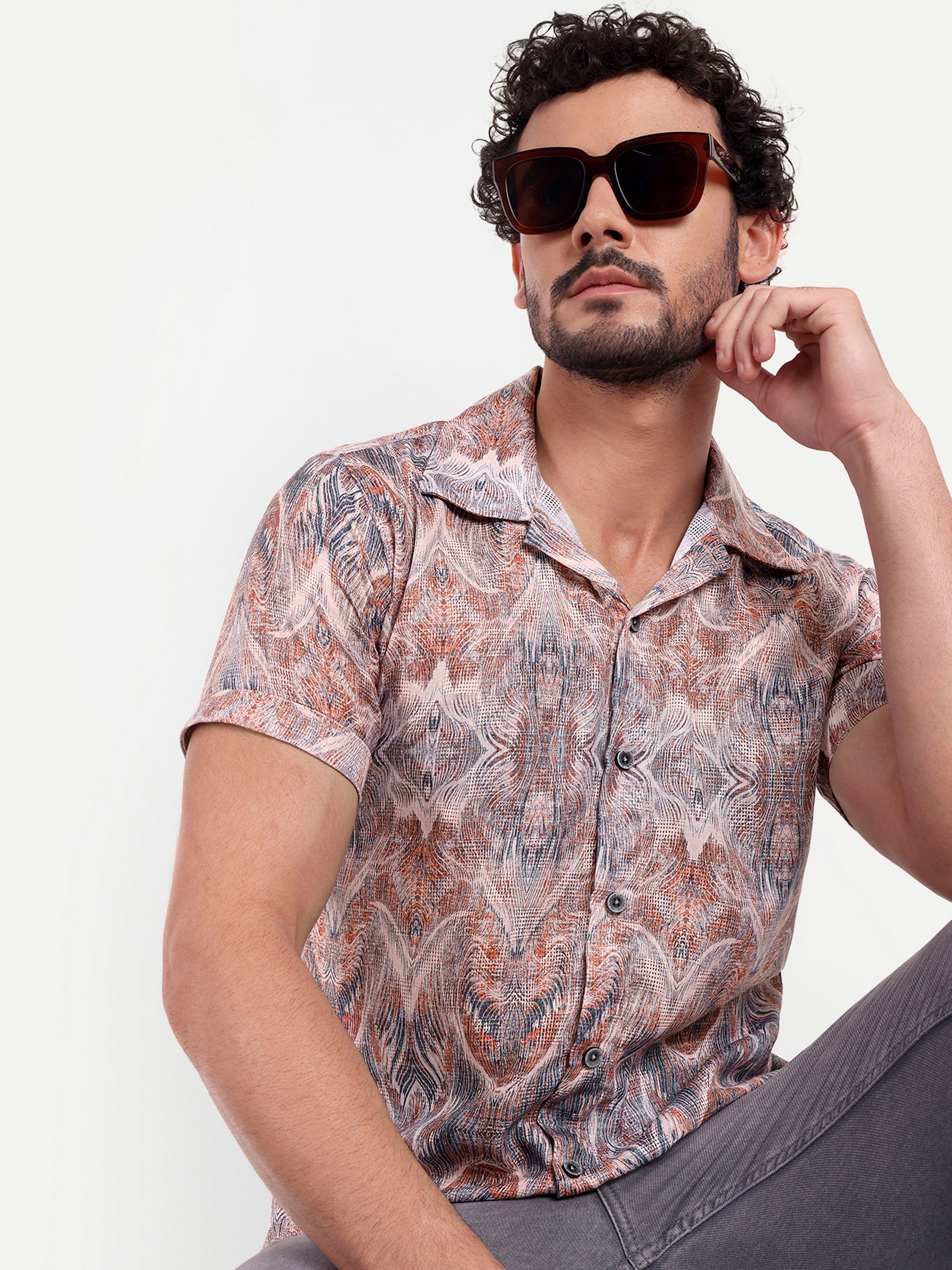Blue Orange Printed Textured Half Shirt