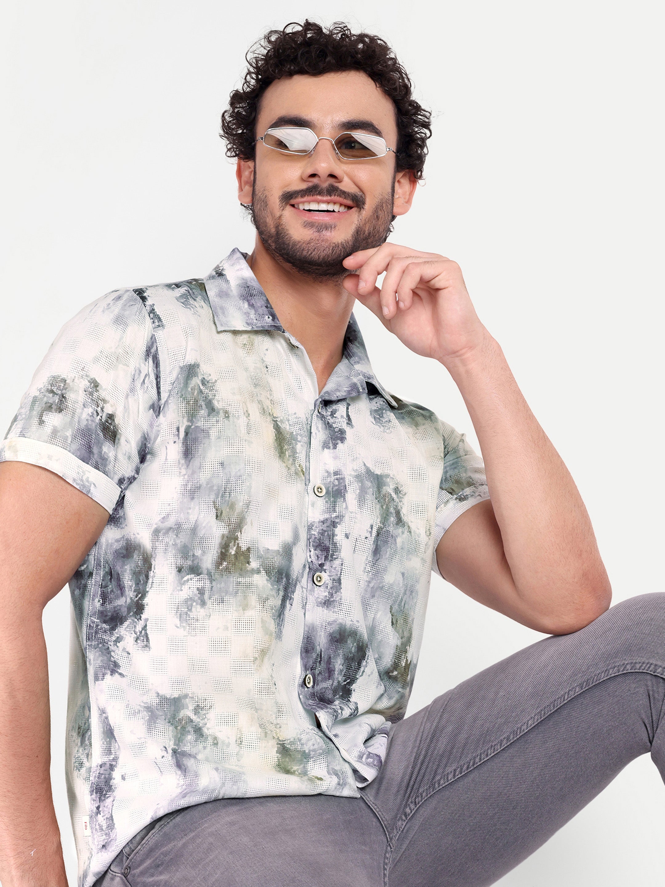 Off White Printed Textured Half Shirt