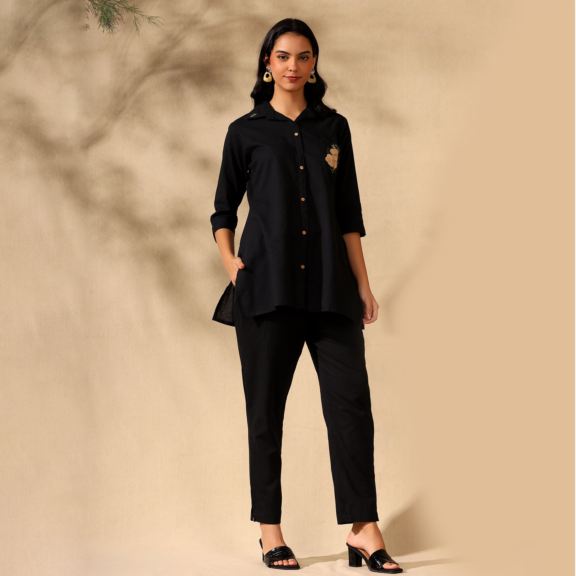 FLORAL EMBROIDERED COTTON CORD SET FOR WOMEN | SHIRT-PANT FUSION WEAR | BLACK