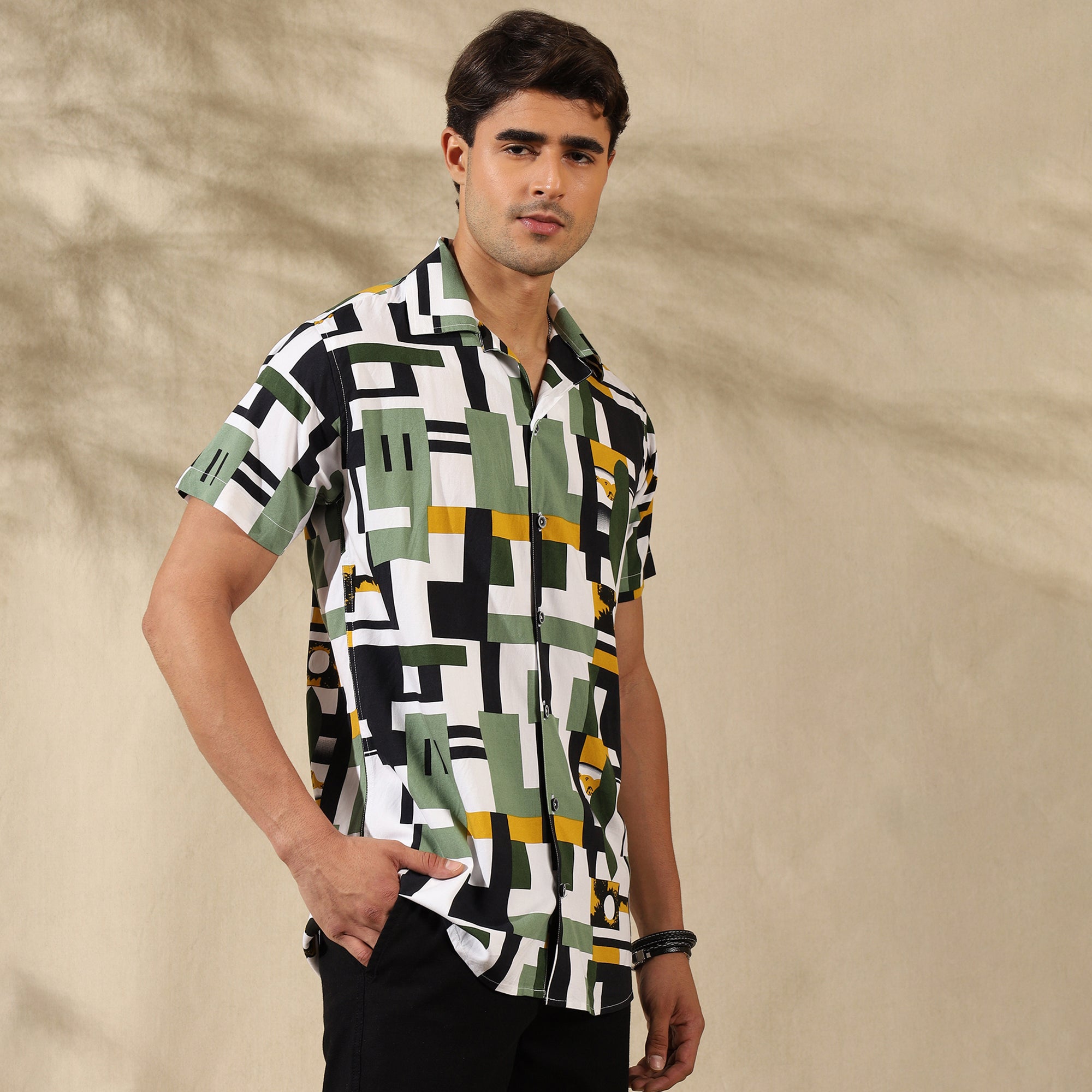 GREEN HALF CASUAL PRINTED COTTON SHIRT REGULAR FIT FOR MEN