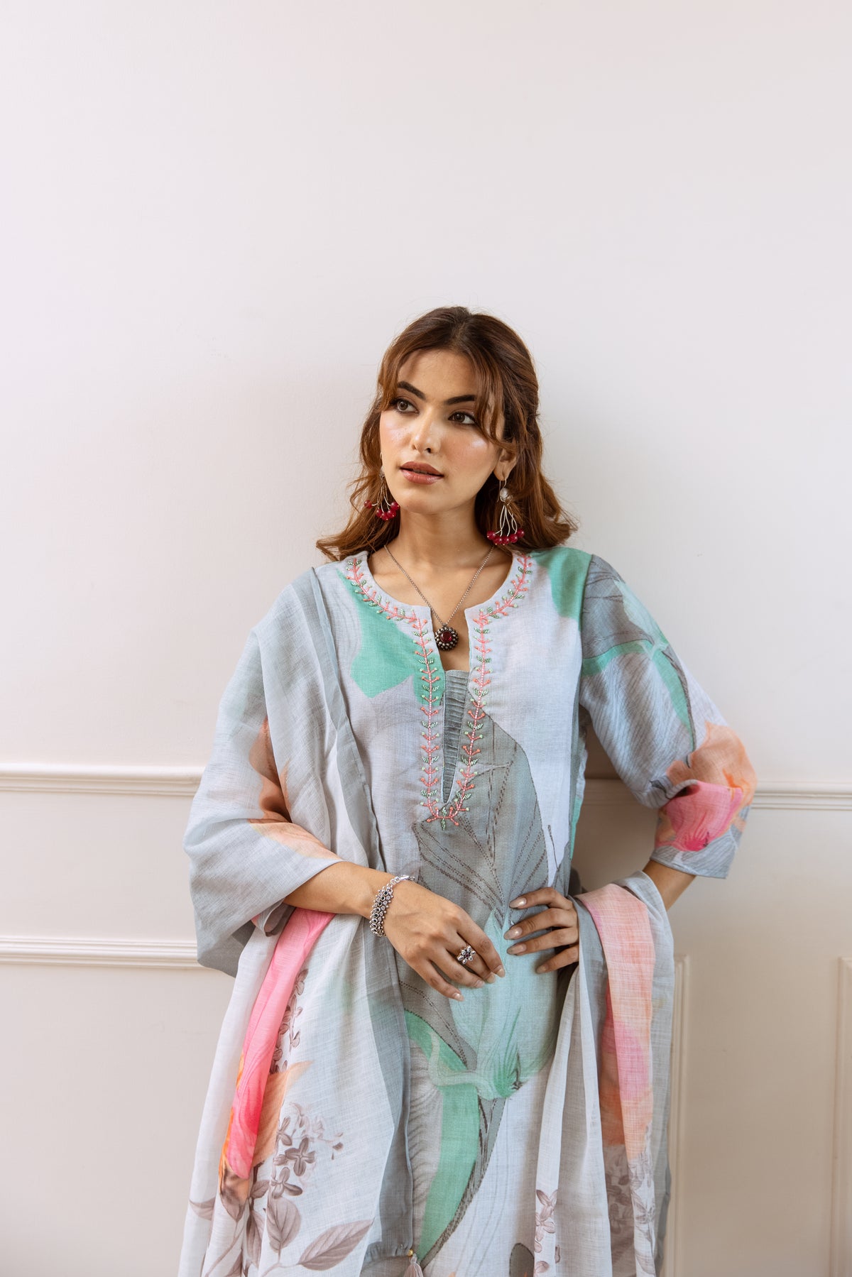 FLORAL PRINTED LINEN STRAIGHT KURTA SET WITH DUPATTA | THREE-PIECE ETHNIC WEAR FOR WOMEN | PLUS SIZE AVAILABLE-Grey Green
