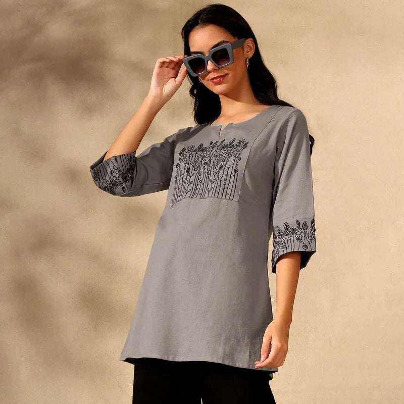 BOTANICAL EMBROIDERED COTTON KURTI FOR WOMEN | PERFECT FEMALE TUNIC FOR EVERYDAY WEAR | GREY Filo Hevis