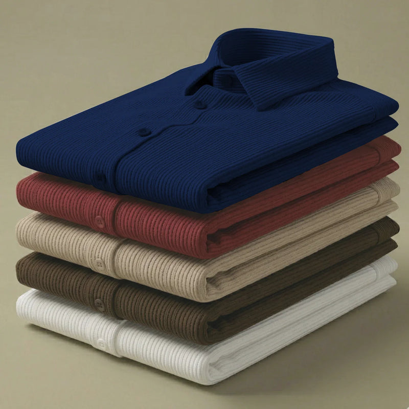 Corduroy Inspired Self-Cord Casual Shirts for Men Blended Fabric - Navy Blue