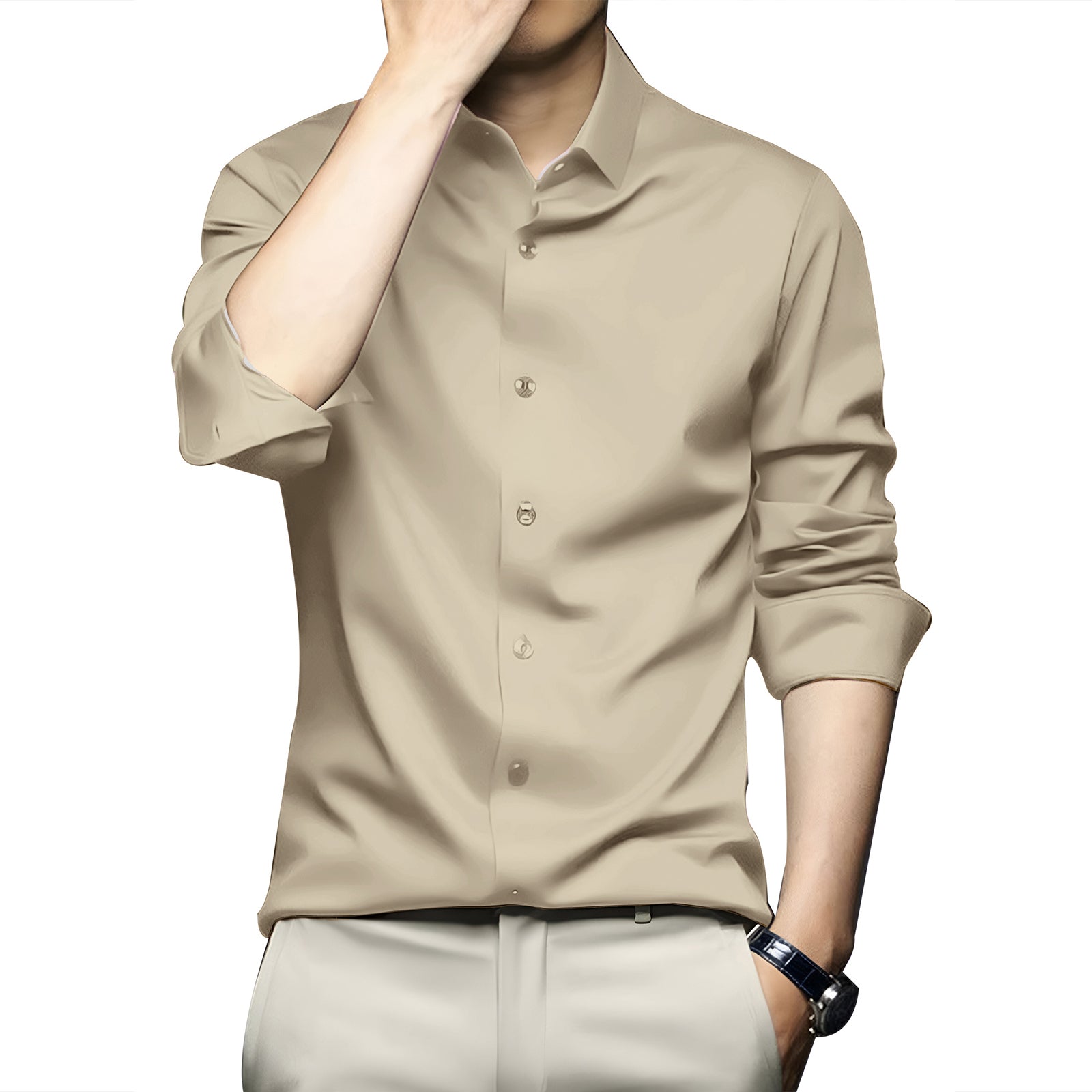 Poly Satin formal Shirt For Men-Beige