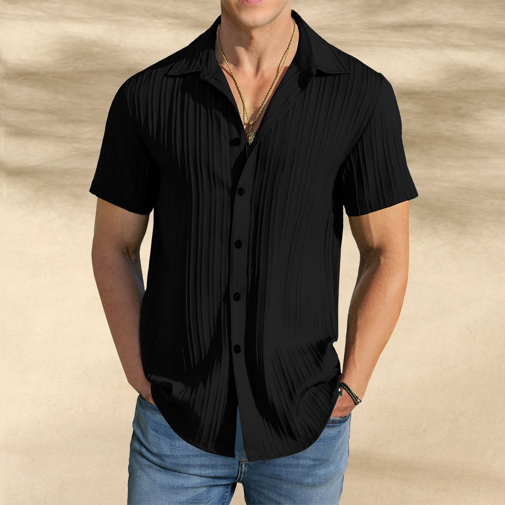 Men’s Textured Popcorn Half Sleeve Casual Shirt – Black