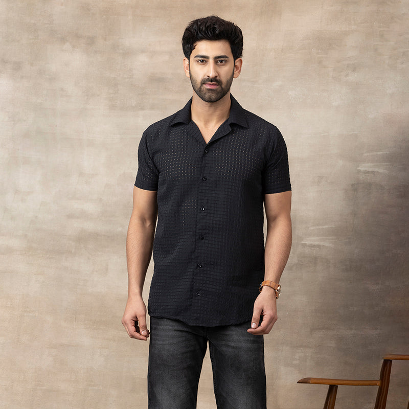 Men's Net Self Cuban Collar Casual Shirt Black
