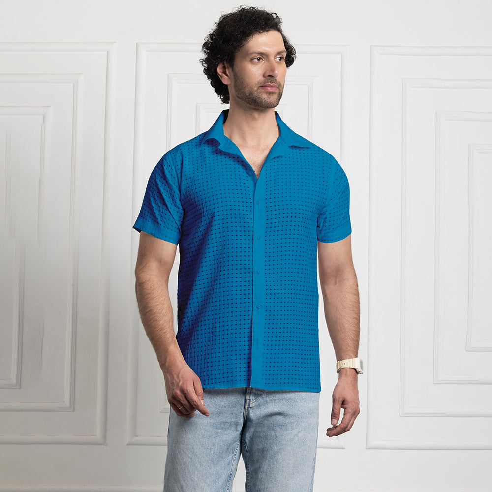 Men's Net Self Cuban Collar Casual Shirt Blue