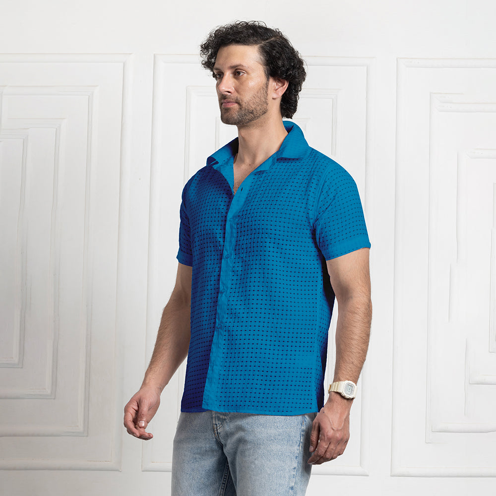 Men's Net Self Cuban Collar Casual Shirt Blue