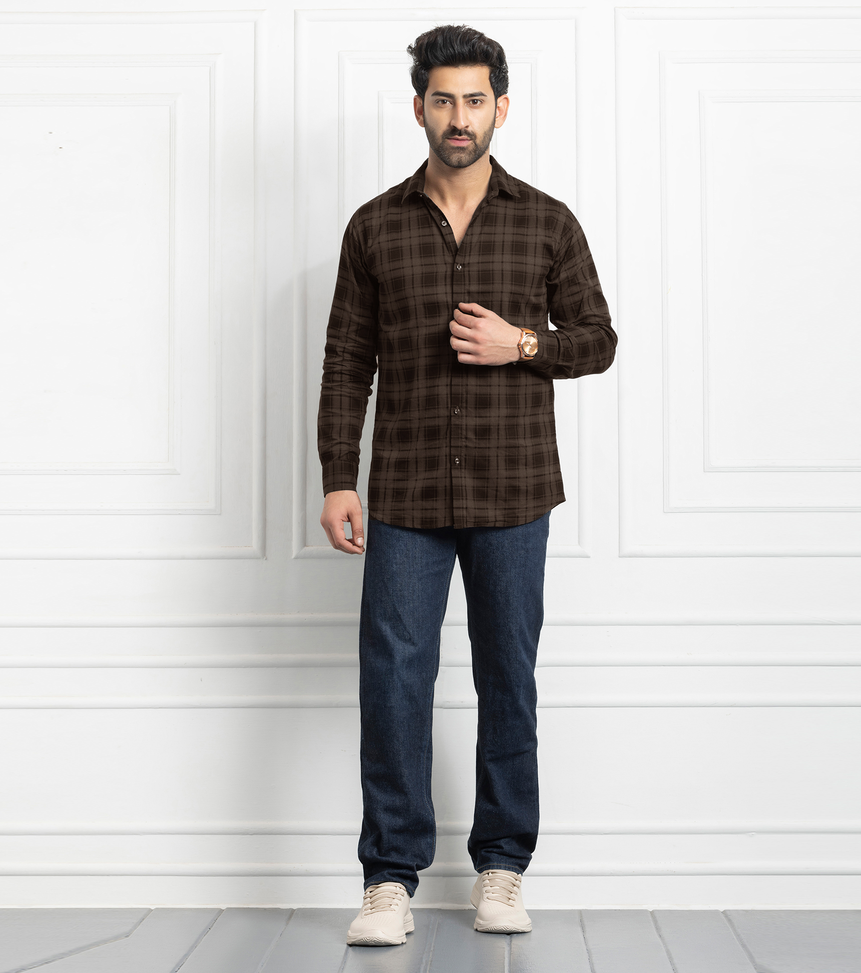 FORMAL COTTON CHECK SHIRTS FOR MEN - Brown Plaid (Long Sleeve)