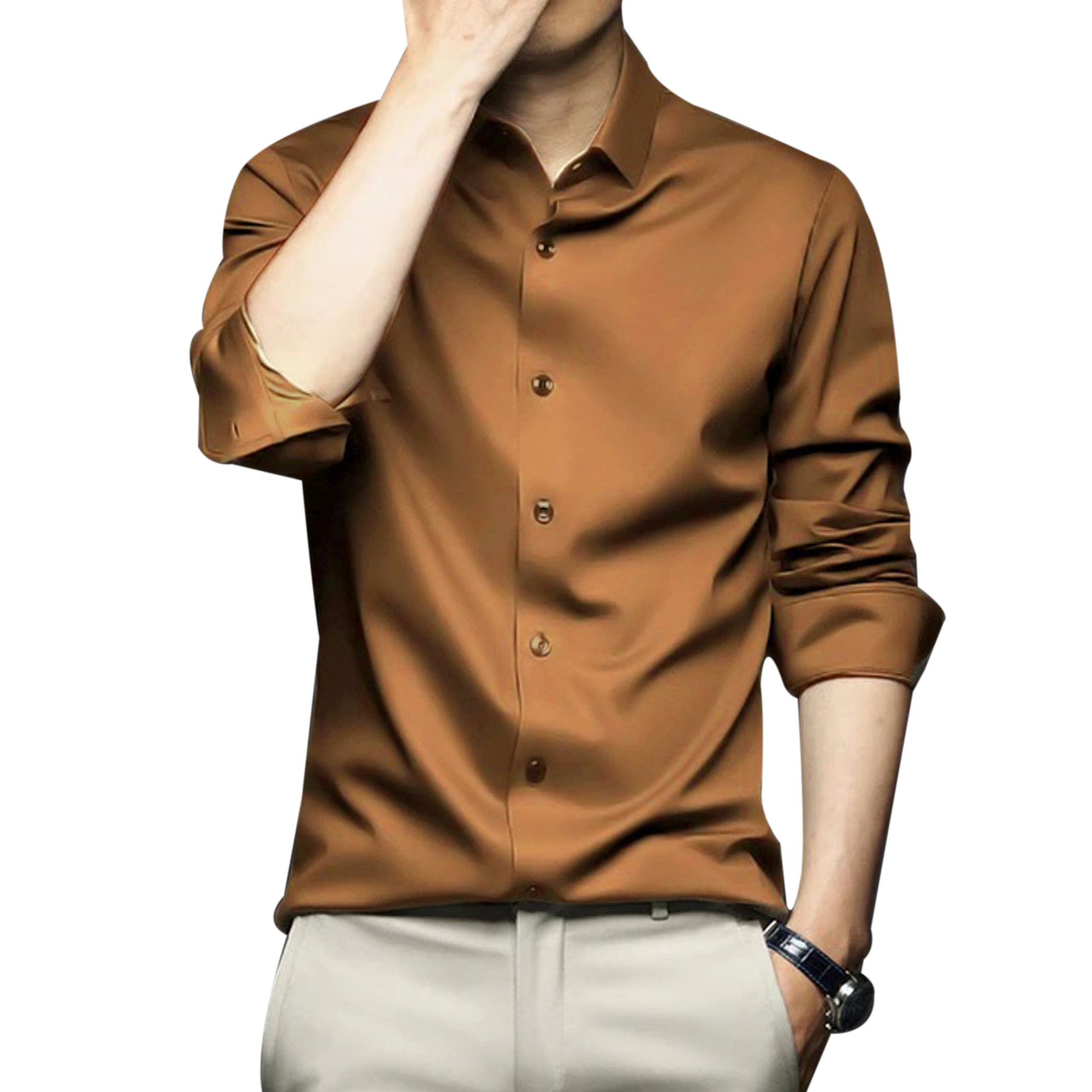 Poly Satin formal Shirt For Men-Brown