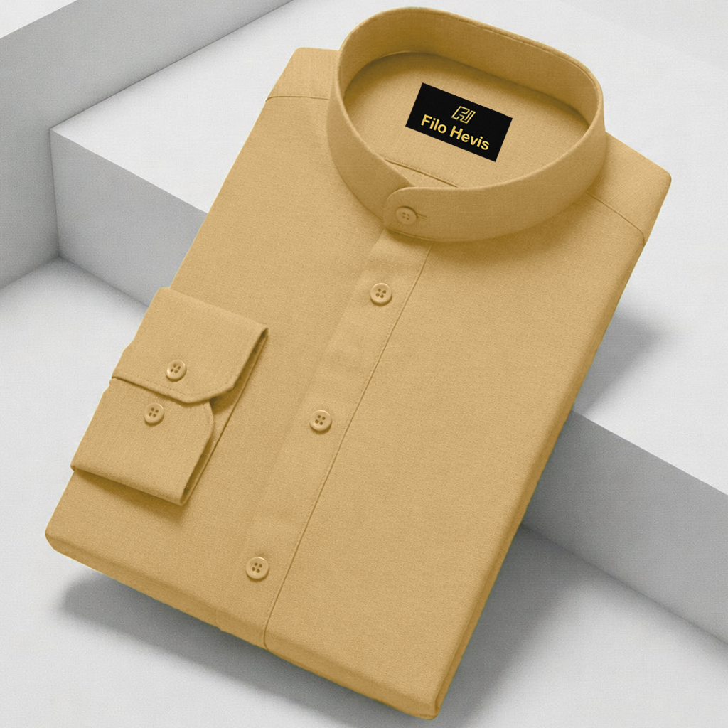 MEN’S CHINESE COLLAR SHIRT | FULL SLEEVE COTTON LINEN T-NECK SHIRT | Light Brown COLOR