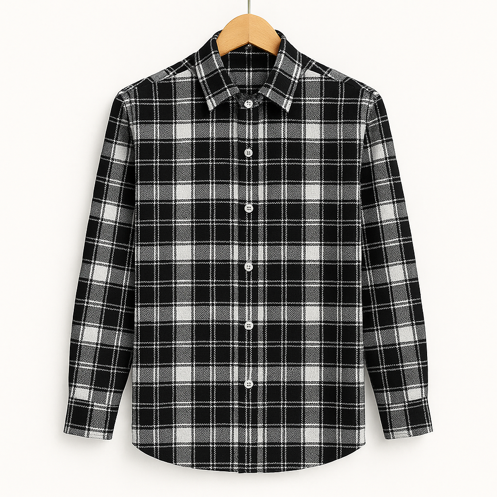 FORMAL COTTON CHECK SHIRTS FOR MEN - Black & White Plaid (Long Sleeve)