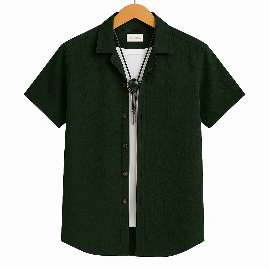 Men’s Dark Green Poly-Cotton Casual Shirt | Short Sleeve | Summer Comfort