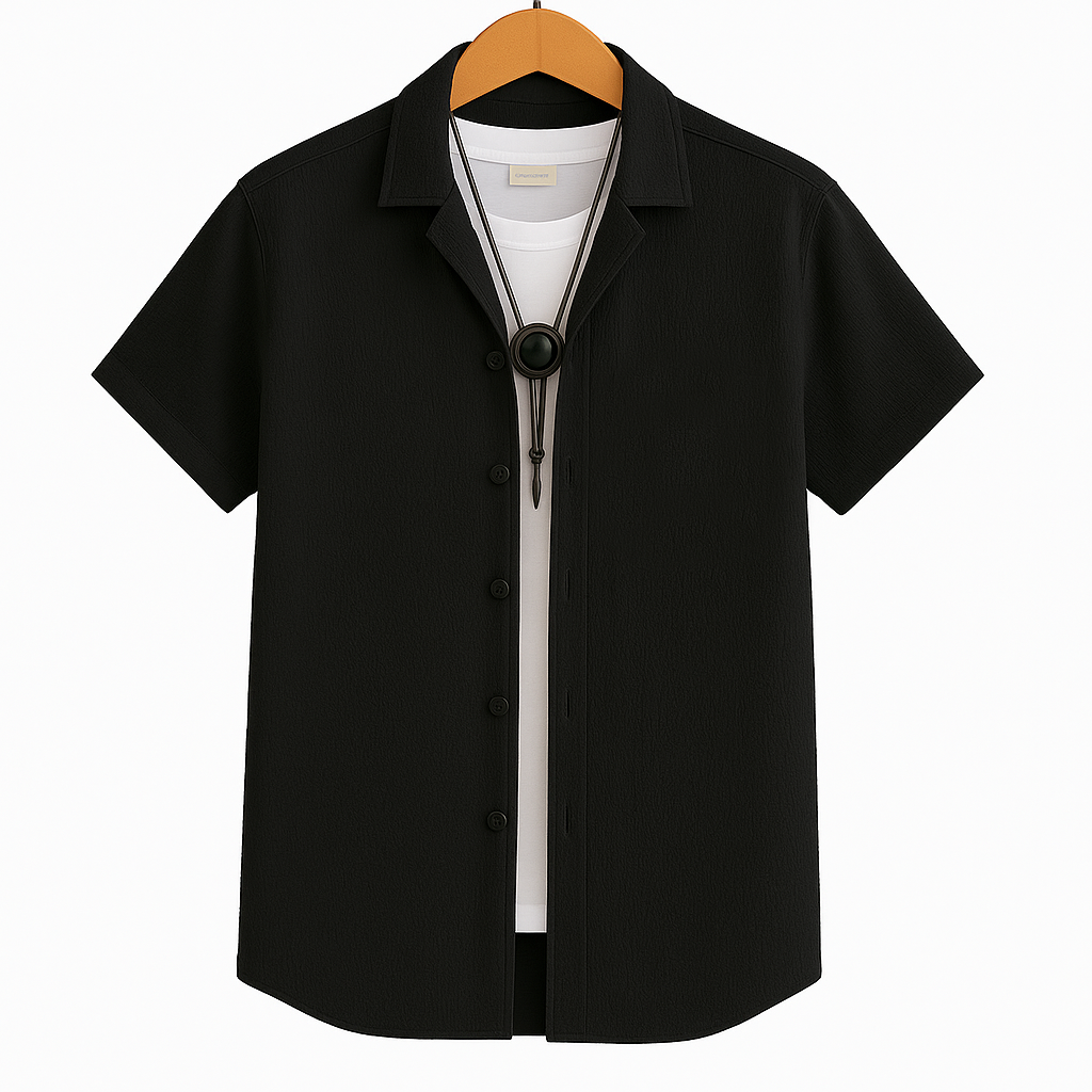 Men’s Black Poly-Cotton Casual Shirt | Short Sleeve | Summer Comfort
