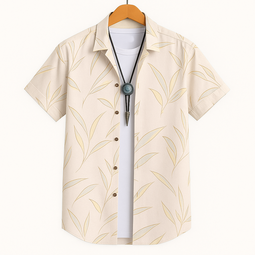 CREAM HALF CASUAL PRINTED COTTON SHIRT REGULAR FIT FOR MEN