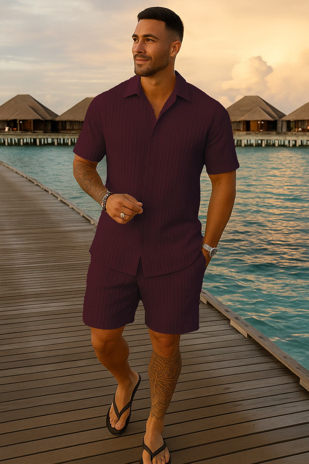 Men’s Premium Dark Maroon Summer Co-ord Set | Short Sleeve Shirt & Shorts
