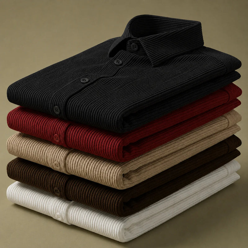 Corduroy Inspired Self-Cord Casual Shirts for Men Blended Fabric - Black