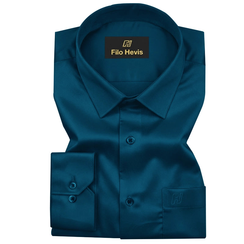 Platinum Cotton Satin Formal Shirt for Men - with Pocket | Teal Blue