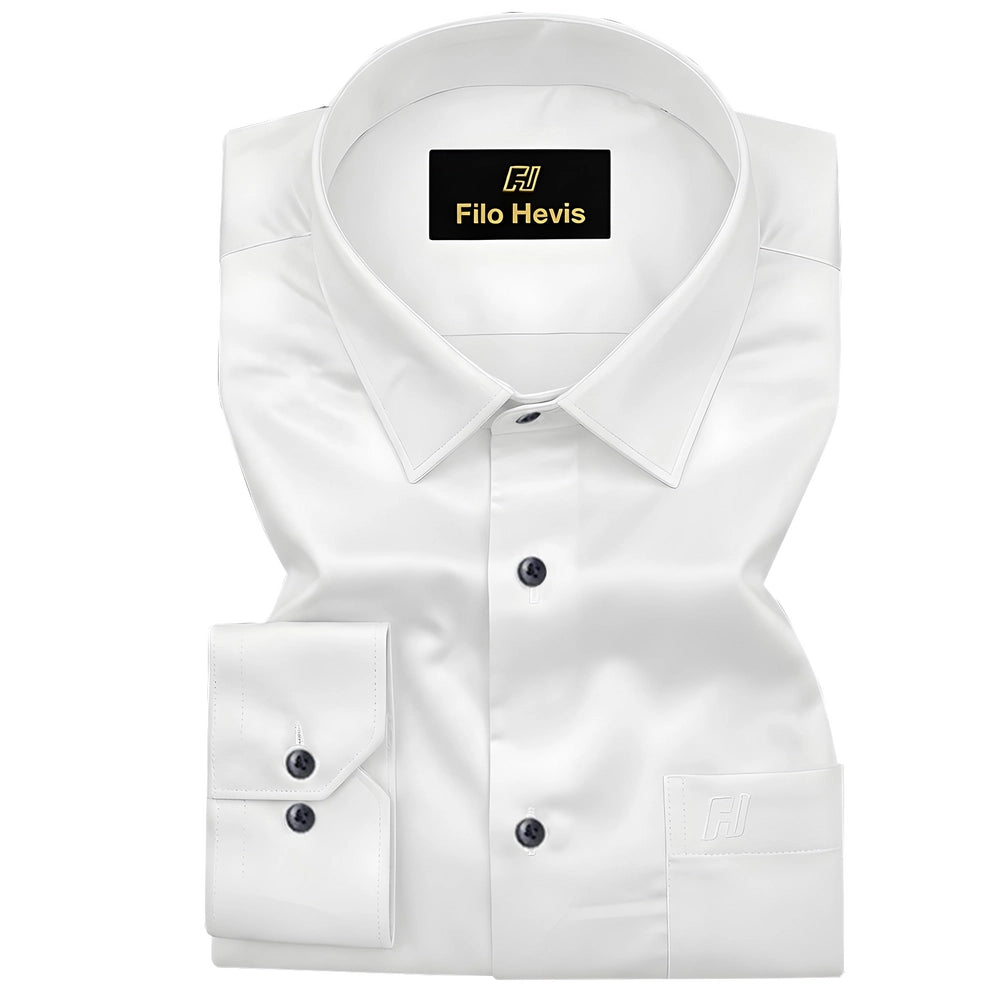 Platinum Cotton Satin Formal Shirt for Men - White Shirt (With Black Buttons)