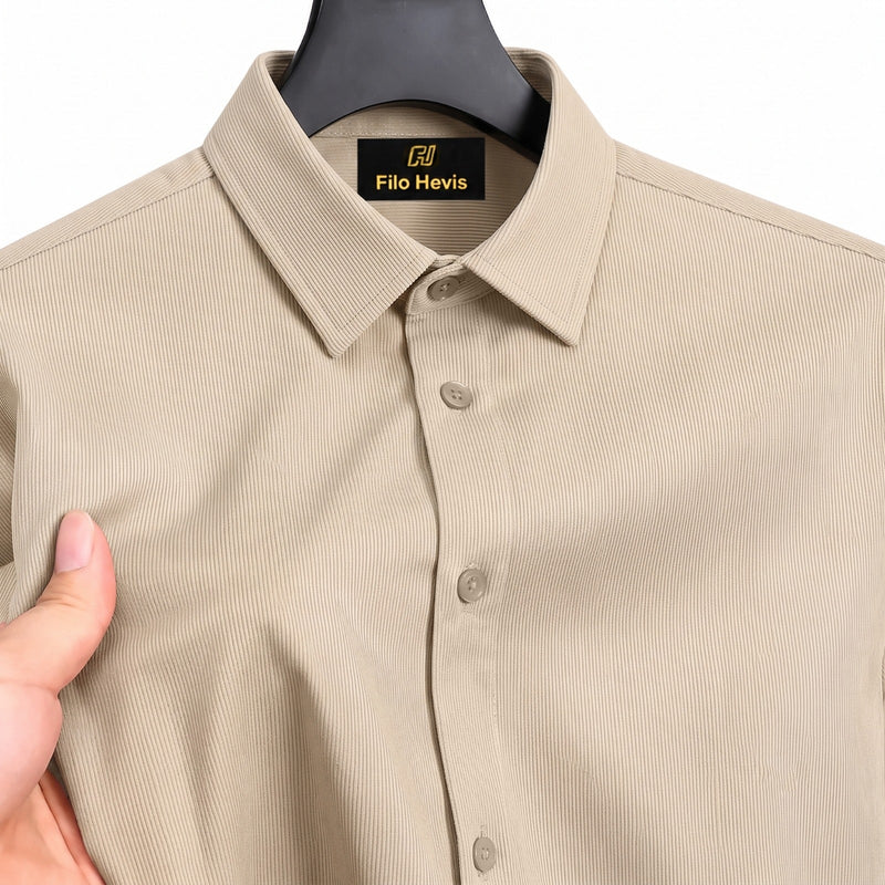 Fine-Ribbed Self-Structured Formal Shirt-BEIGE