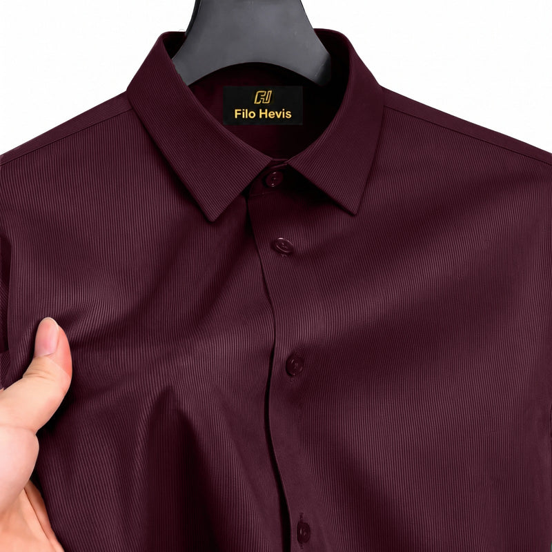 Fine-Ribbed Self-Structured Formal Shirt-MAROON