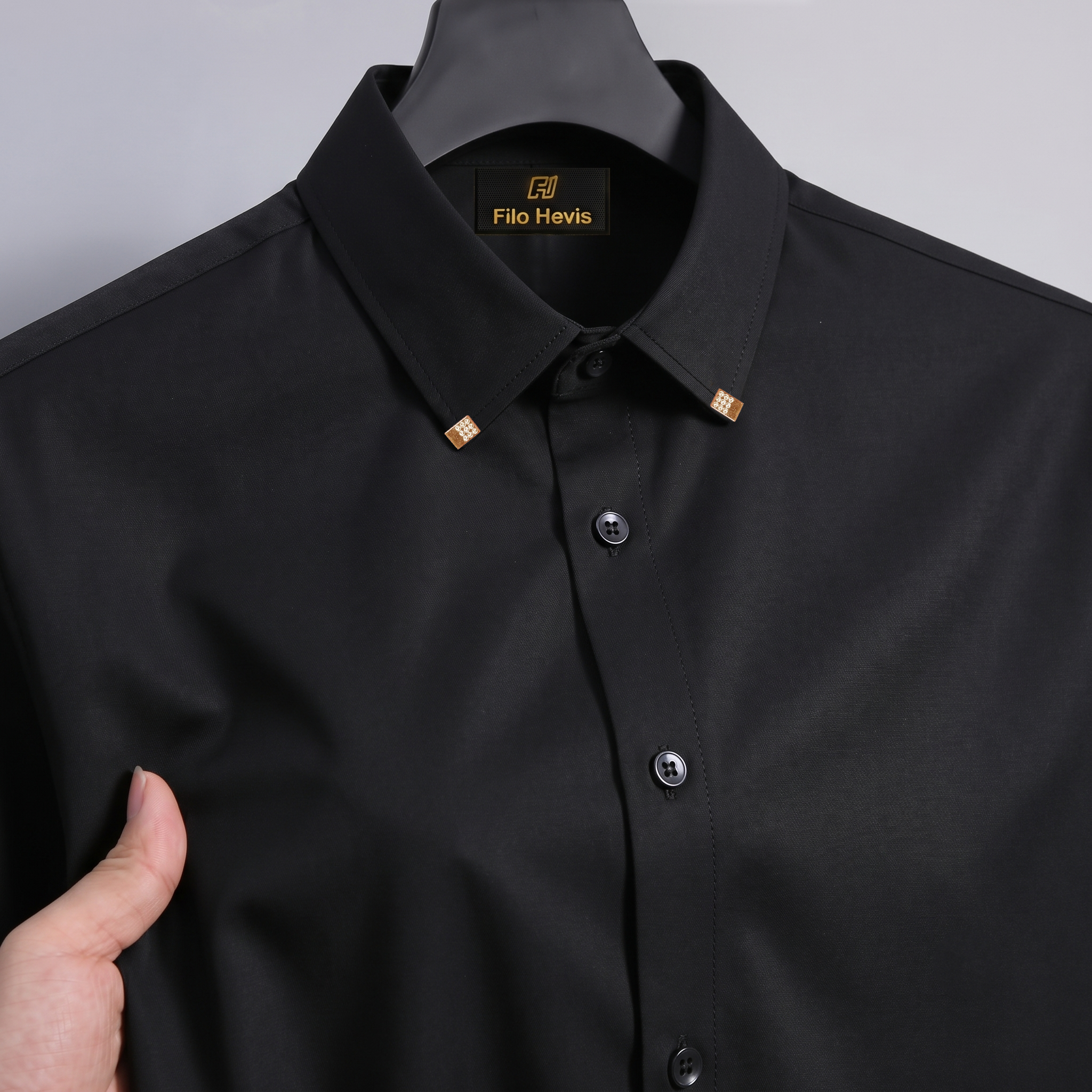 Men's Premium Luxury Formal Shirt with Crystal-Studded Collar Clips | Black My Store