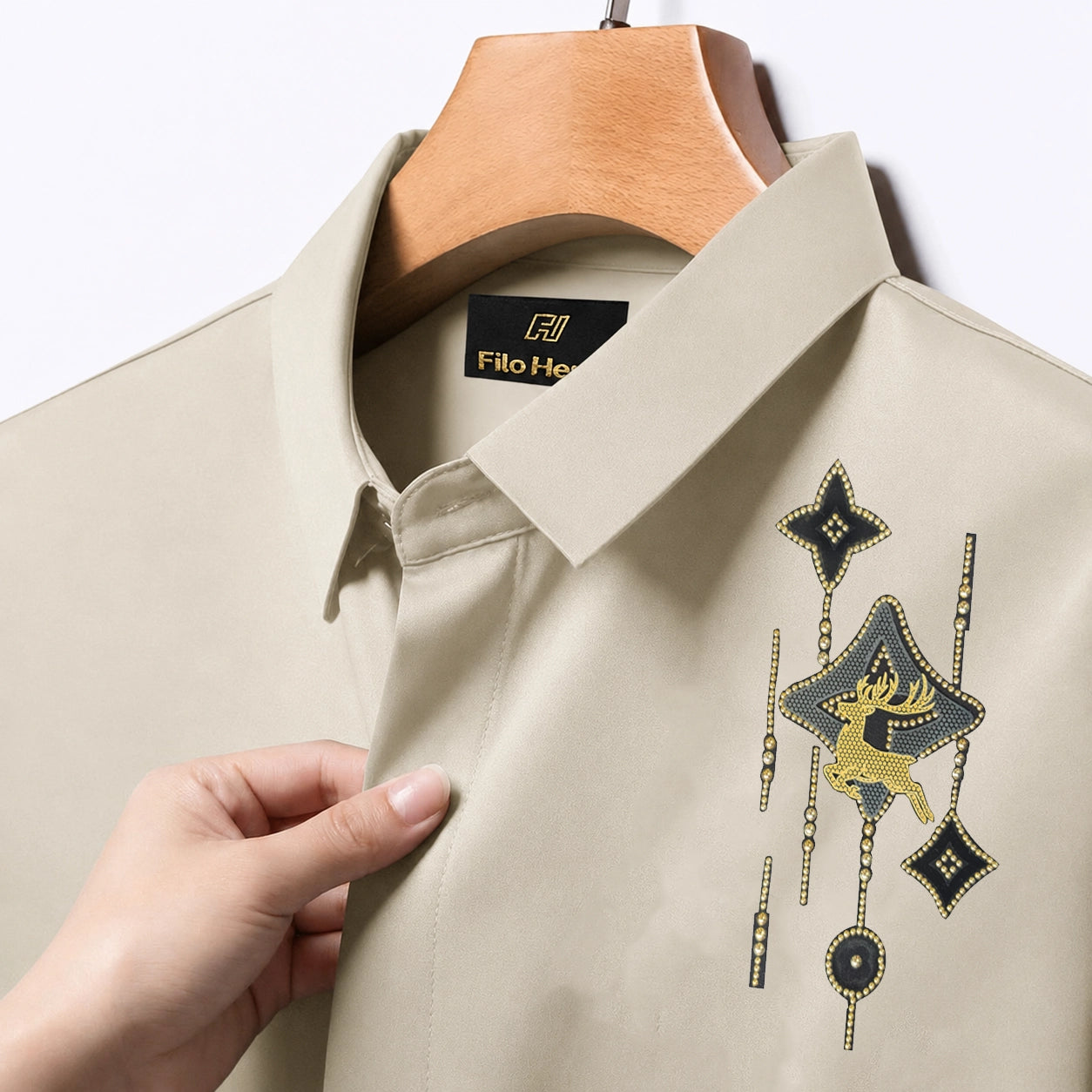 Deer Embroidery Party Shirts | Club Wear | Cream