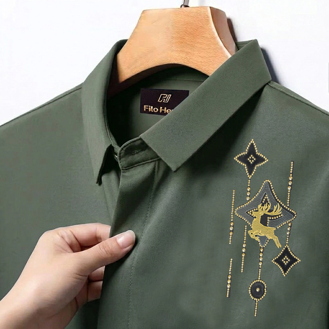 Deer Embroidery Party Shirts | Club Wear | Olive Green
