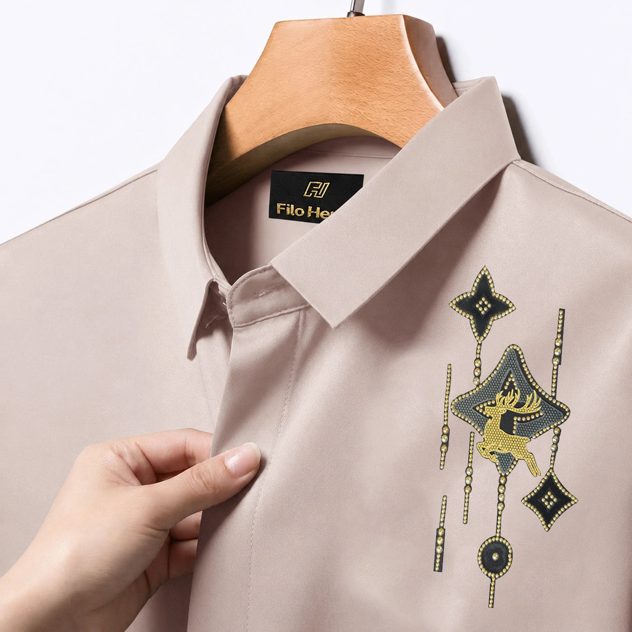 Deer Embroidery Party Shirts | Club Wear | Olive
