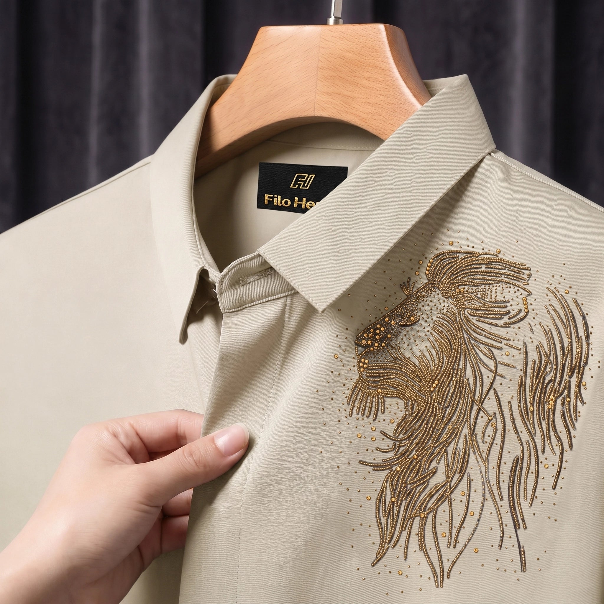Lion Embroidery Party Shirts | Club Wear | Cream