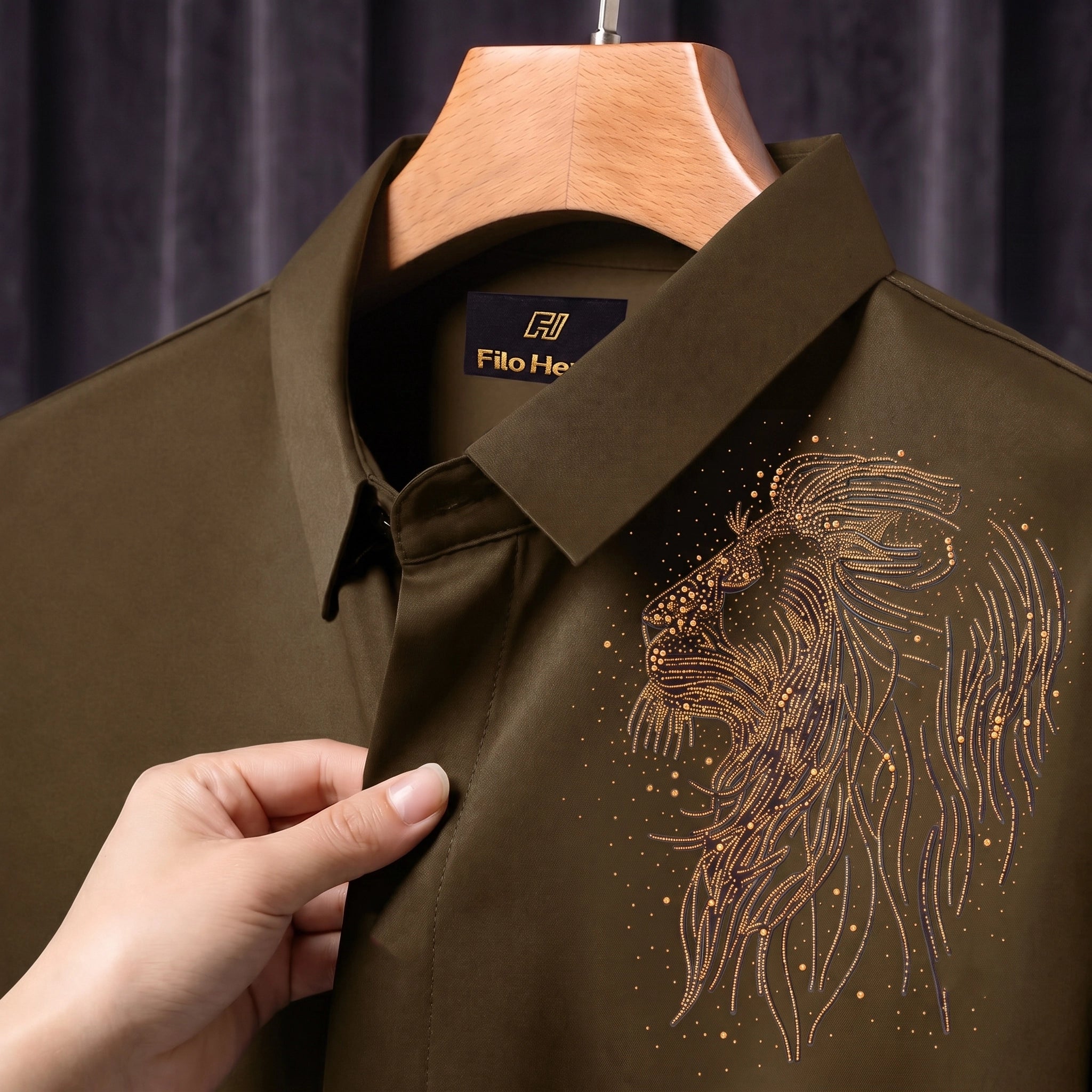 Lion Embroidery Party Shirts | Club Wear | Light-Brown