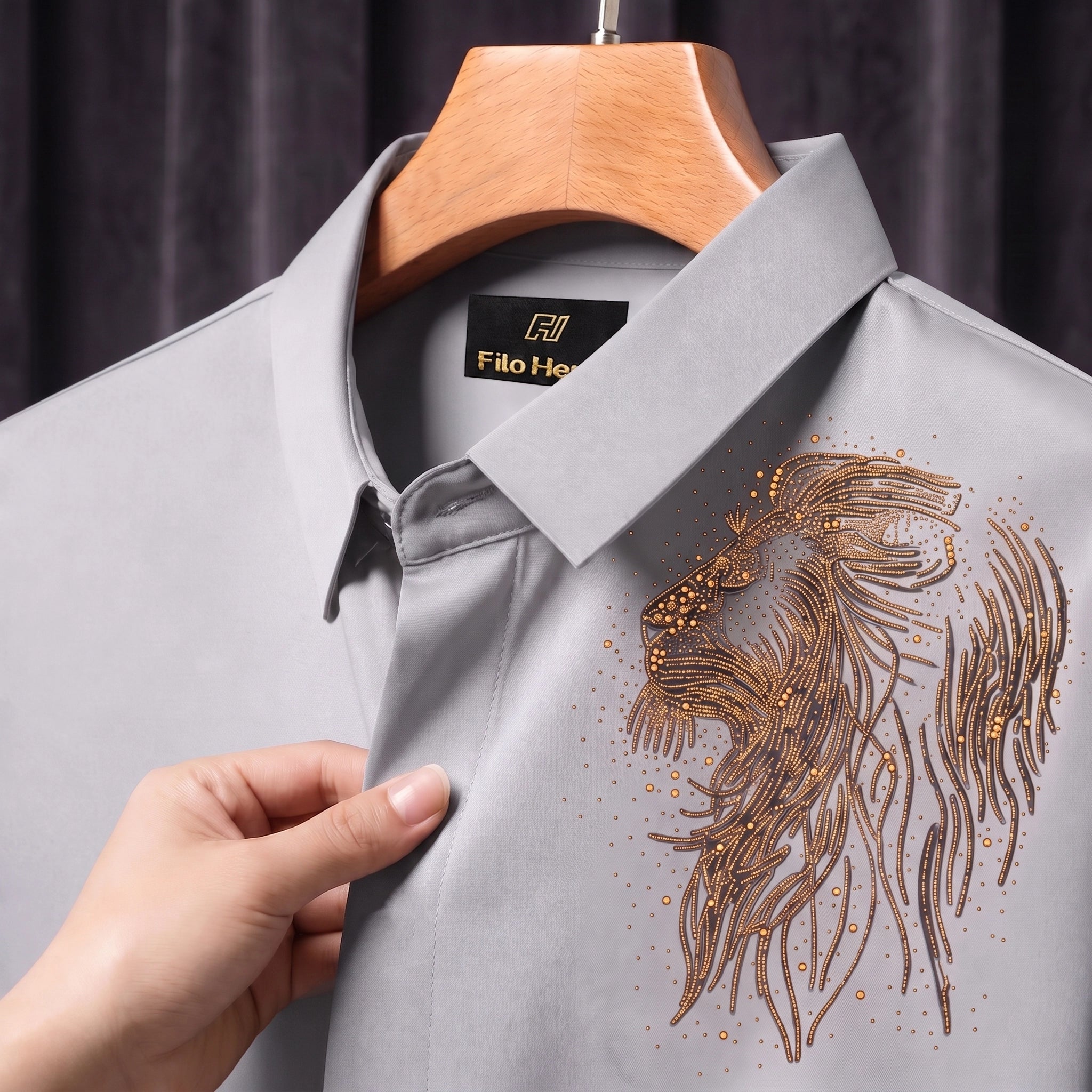 Lion Embroidery Party Shirts | Club Wear | Light-Grey