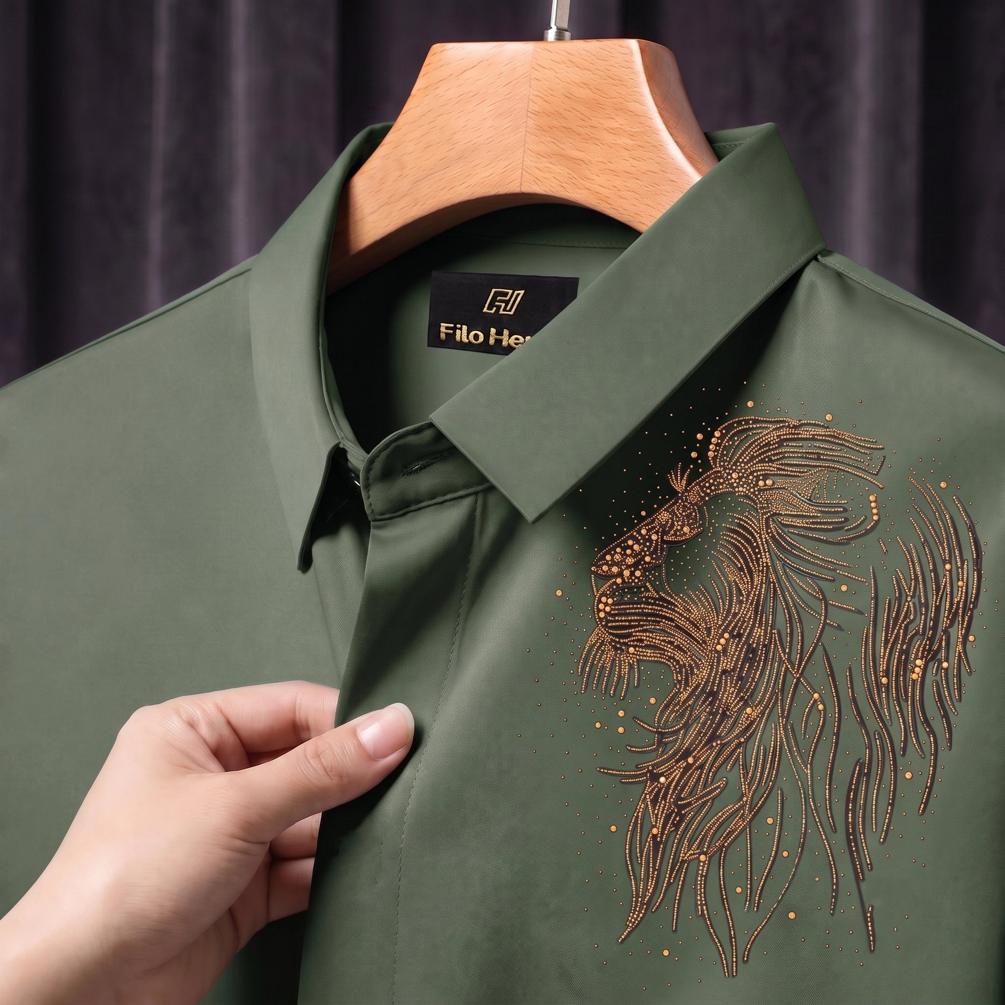 Lion Embroidery Party Shirts | Club Wear | Olive-Green