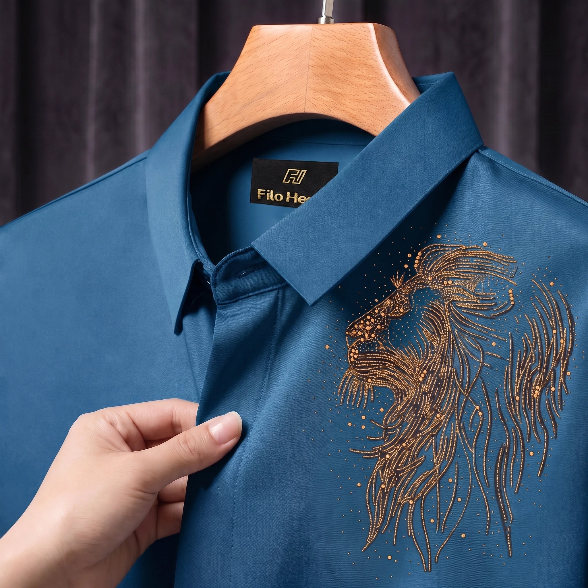 Lion Embroidery Party Shirts | Club Wear | Teal Blue