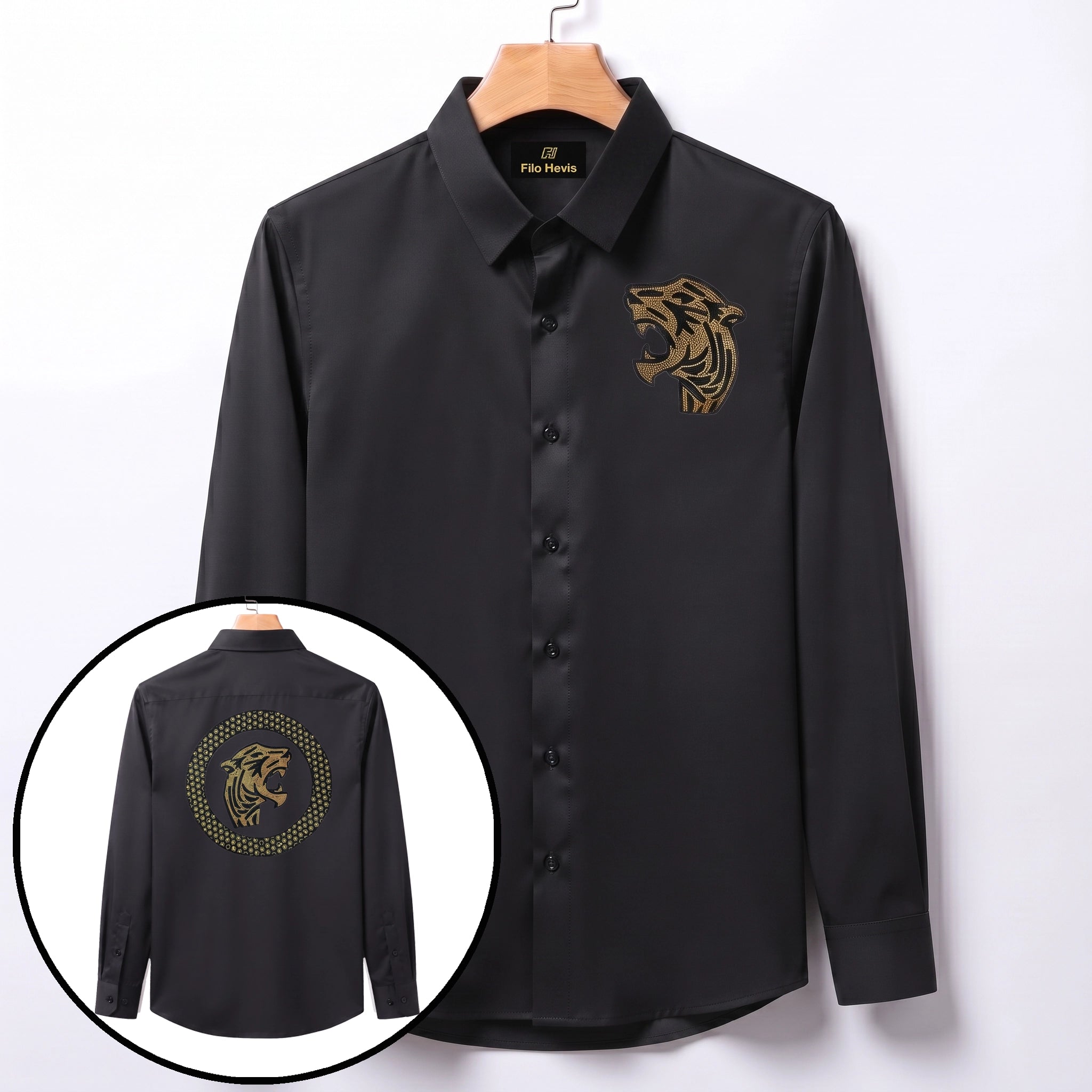 Front & Back Tiger Embroidery Party Shirts | Club Wear | Black