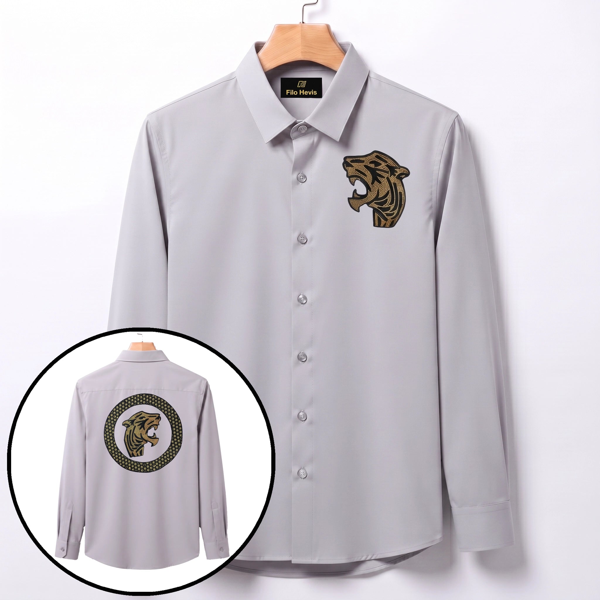 Front & Back Tiger Embroidery Party Shirts | Club Wear | Light Grey
