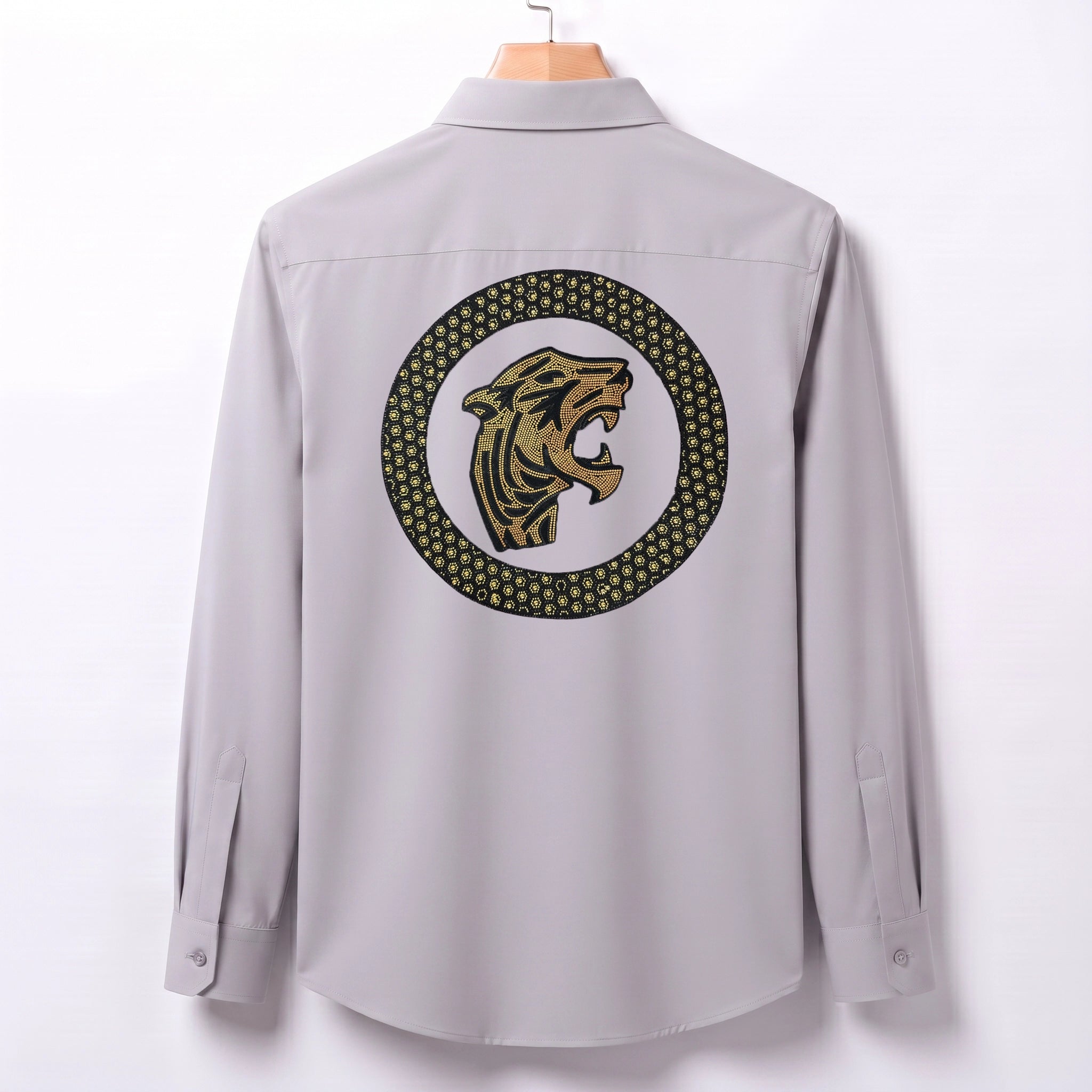 Front & Back Tiger Embroidery Party Shirts | Club Wear | Light Grey